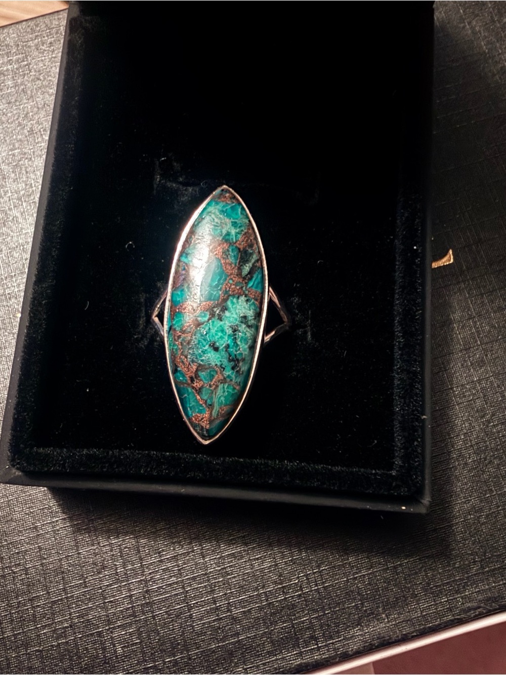 Southwestern Green Dahlia Turquoise Sterling Silver Marquise Ring